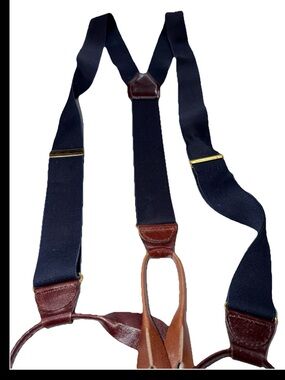 Vintage CAS W Germany BLUE Suspenders BROWN Leather Button Tab Braces Y strap OS